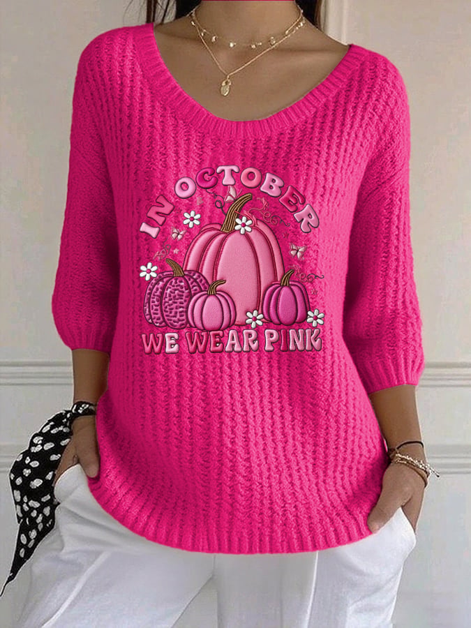 Women's Casual Retro Pink October We Wear Pink Pumpkin Sweater