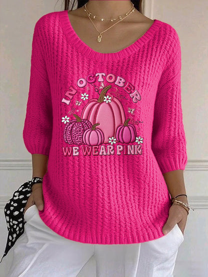Women's Casual Retro Pink October We Wear Pink Pumpkin Sweater