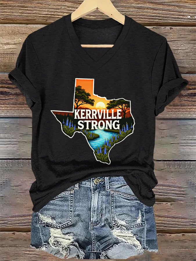 🙏💔Join us in praying for Texas.🙏V-Neck Retro Kerrville Strong Print T-Shirt