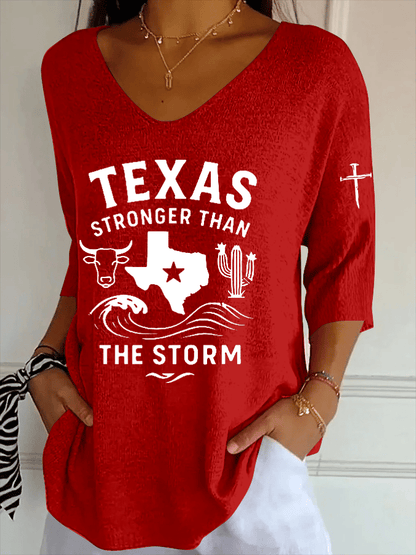 🙏💔Join us in praying for Texas.🙏Women's Texas Strong Than The Storm Striped Fabric Casual V Neck T-Shirt