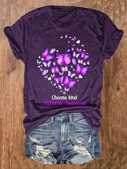 Women's Choose Kind Butterfly Alzheimer Awareness Dementia Alzheimer's Print T-Shirt