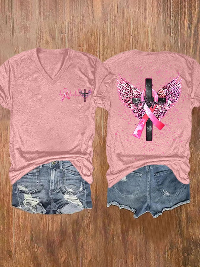 Hope Pink Ribbon Cross Angel Wings Ribbon Heartbeat Breast Cancer Print Short Sleeve Casual T-Shirt
