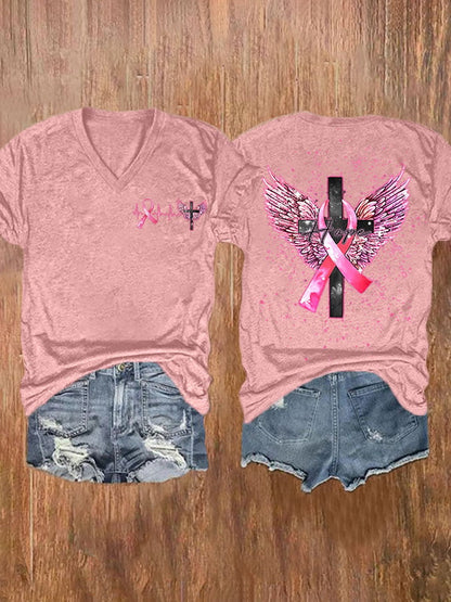 Hope Pink Ribbon Cross Angel Wings Ribbon Heartbeat Breast Cancer Print Short Sleeve Casual T-Shirt
