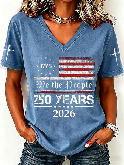 Women'S America Flag Print Casual V-Neck T-Shirt