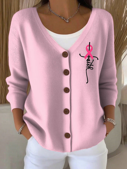 Women's Breast Cancer Cross Print Thick-Knit Straight Cardigan