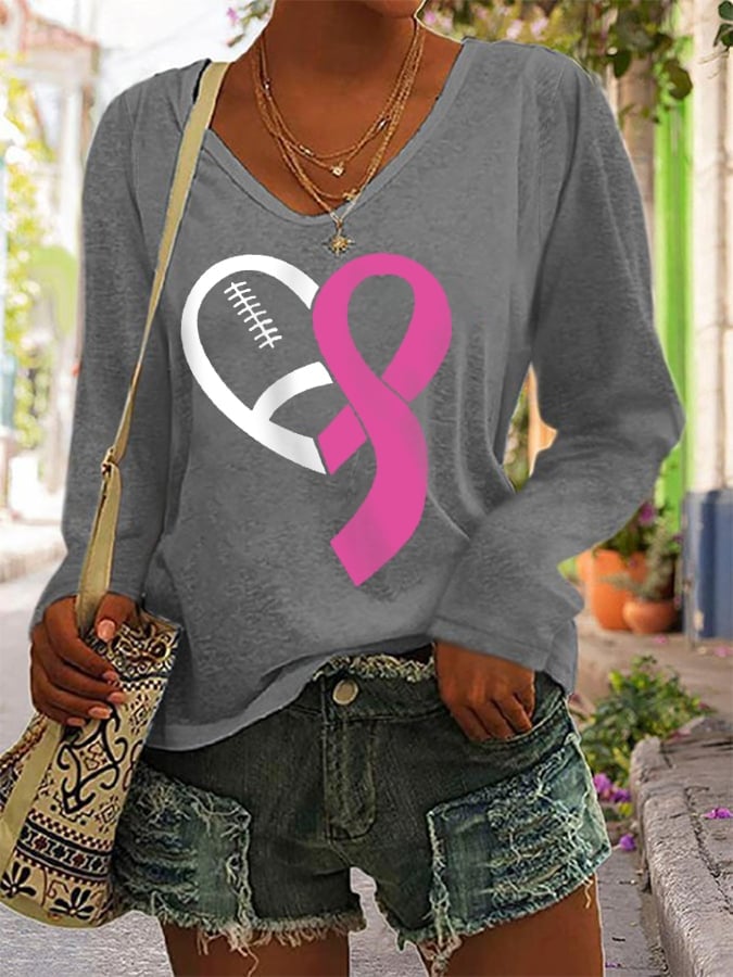 Women's Football Pink Ribbon Breast Cancer Awareness Casual Long-Sleeve T-Shirt