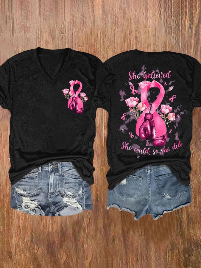 She Believed She Could So She Did Pink Ribbon Boxing Gloves And Flowers Breast Cancer Print Short Sleeve Casual T-Shirt