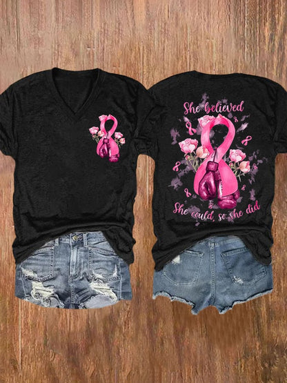 She Believed She Could So She Did Pink Ribbon Boxing Gloves And Flowers Breast Cancer Print Short Sleeve Casual T-Shirt