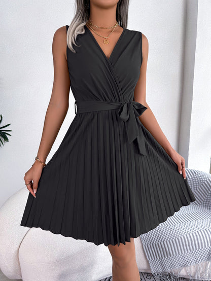 Women's dress pleated fitted sleeveless elegant cross v-neck