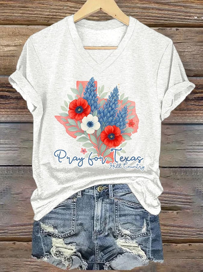 🙏💔Join us in praying for Texas.🙏V-Neck Retro Texas Strong Pray For Texas Hill Country Print T-Shirt