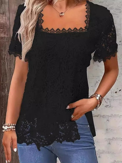 Women's Fashion Solid Color Square Neck Lace Top