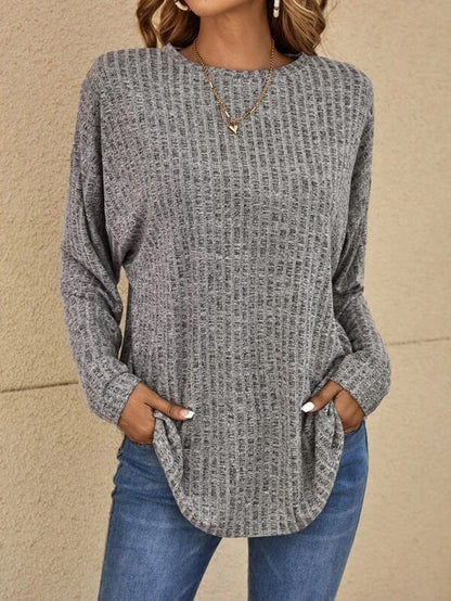 Women's sweater ribbed knit elegant round neck solid long sleeves