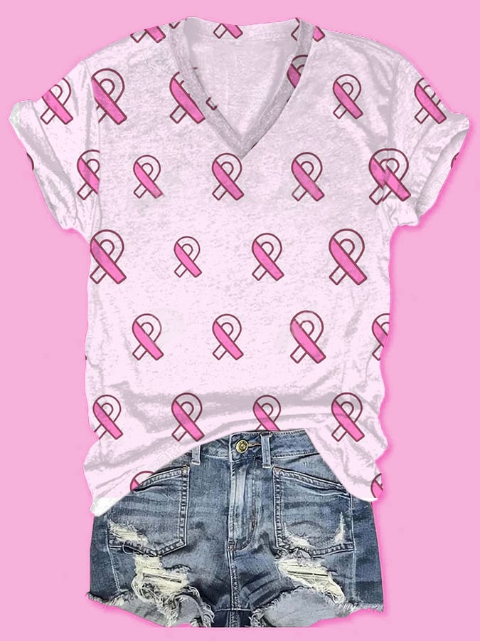 Women's Casual Pink Ribbon Breast Cancer Art Print Short Sleeve T-Shirt