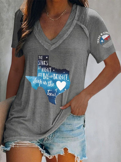 🙏💔Join us in praying for Texas.🙏V-Neck Retro Texas Strong The Stars At Night Are Big And Bright Deep In The Heart Of Texas Print T-Shirt
