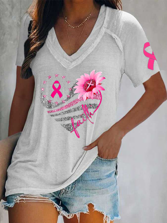 Women's Breast Cancer V-Neck Casual T-Shirt