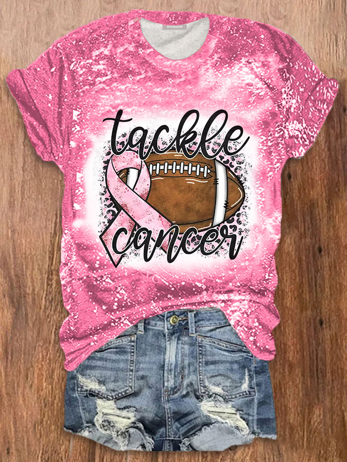 Women's Tackle Cancer Pink Ribbon Football Breast Cancer Warrior Supporter Tee