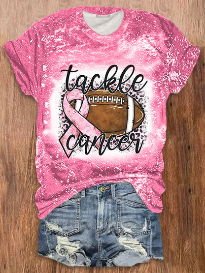 Women's Tackle Cancer Pink Ribbon Football Breast Cancer Warrior Supporter Tee