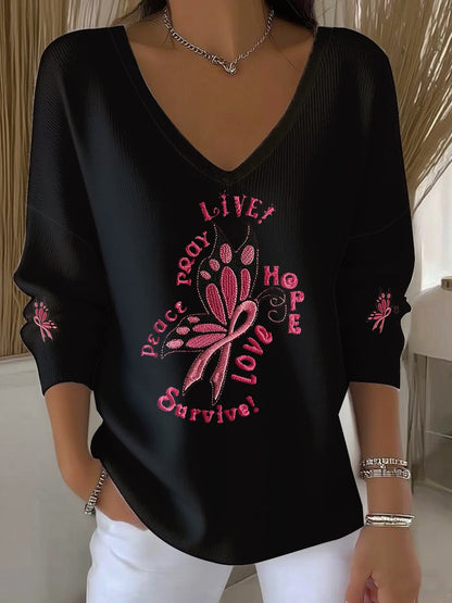 Women's Butterfly Embroidery Print V-Neck Long Top