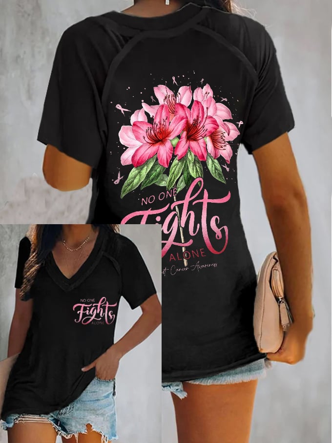 Women's No One Fight Alone Breast Cancer Awareness Print V-Neck Top
