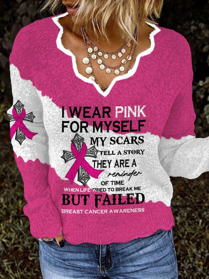 V-neck Faith Breast Cancer Awareness I Wear Pink For Myself Print Knit Tops