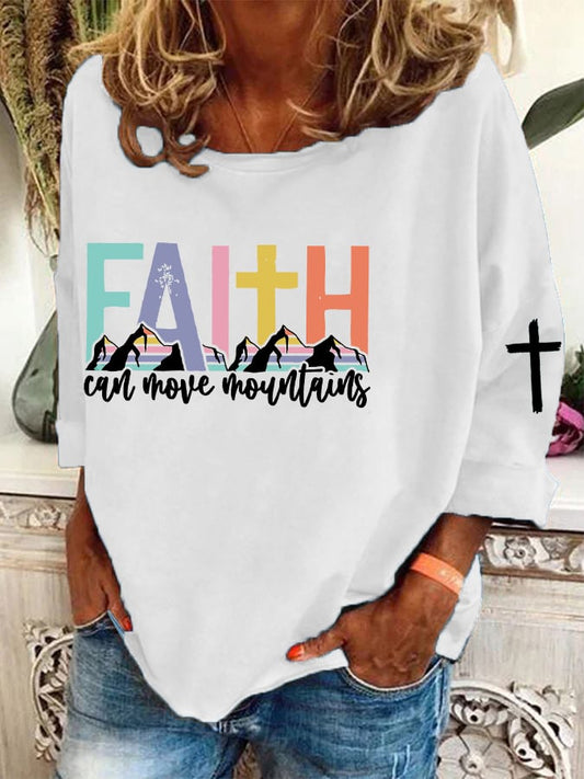 Women's Faith Can Move Mountains  Cross  Print T-Shirt