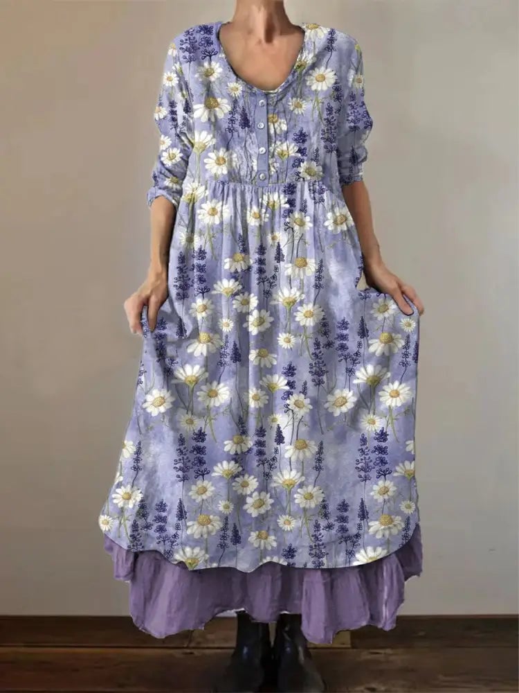 Women's Vintage Purple Floral Art Print Button Dress