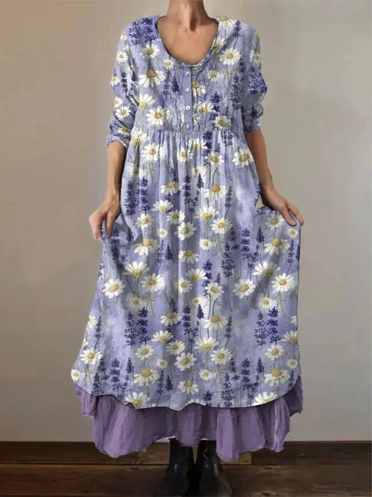 Women's Vintage Purple Floral Art Print Button Dress