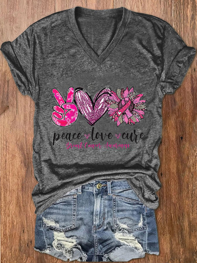 Women's Peace Love Cure Pink Sunflower Breast Cancer  V-Neck Tee