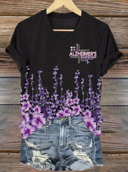 Women's Alzheimer's Disease Awareness Floral Print V-Neck T-Shirt