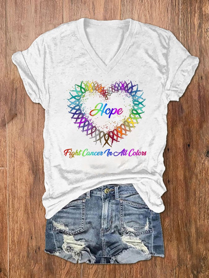 Women's Hope Fight Cancer In All Colors Cancer Awareness Ribbon Print V-Neck T-Shirt