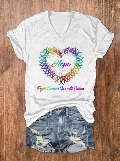 Women's Hope Fight Cancer In All Colors Cancer Awareness Ribbon Print V-Neck T-Shirt