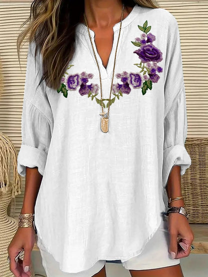 Women's Alzheimer's Awareness Purple Floral Cotton and Linen Shirt