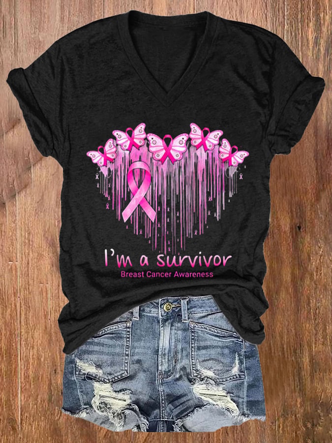 Women's I'M A Survivor Breast Cancer Awareness Print Casual T-Shirt