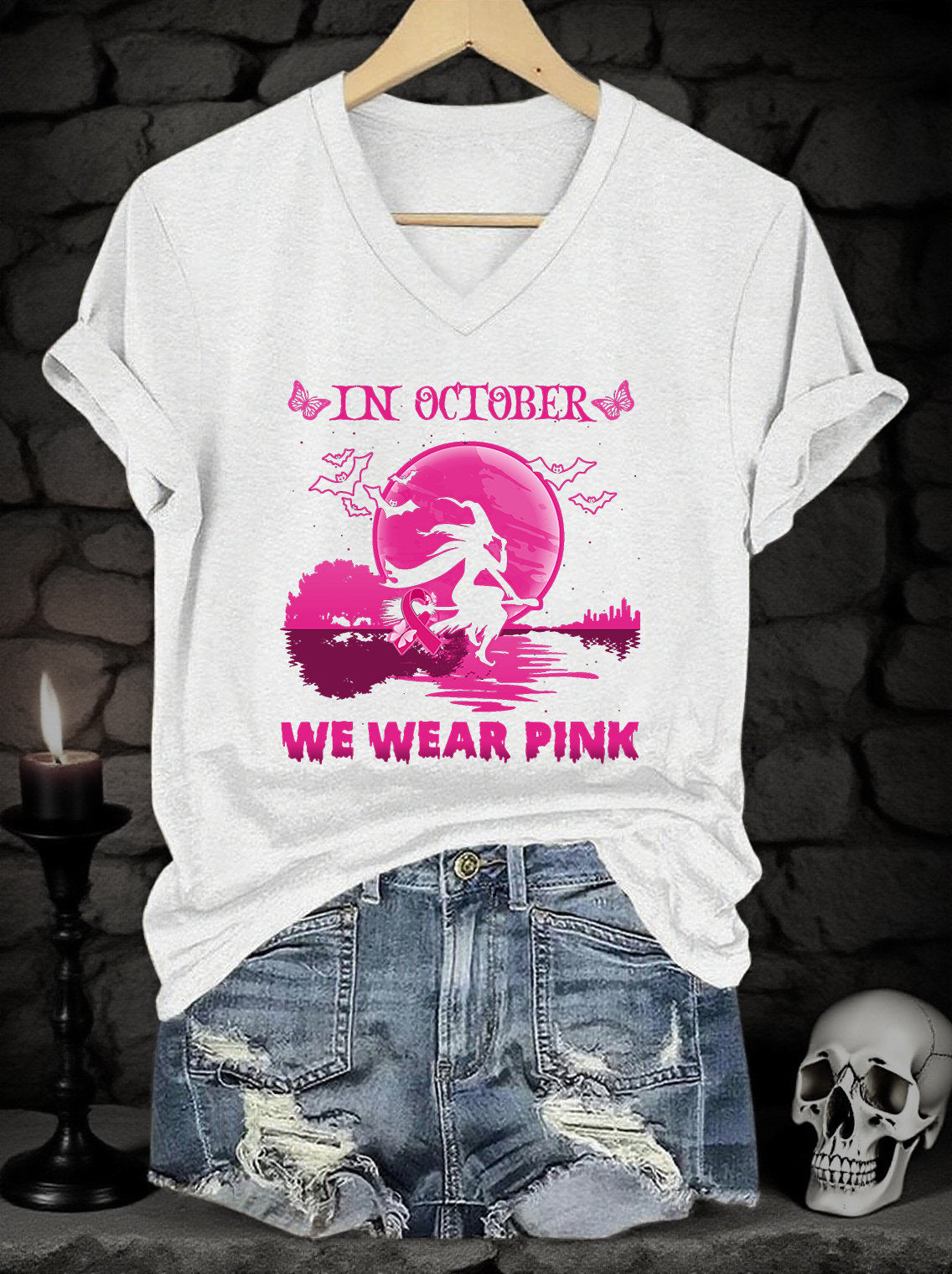 Women's Pink Art Print V-Neck Short-Sleeved T-Shirt