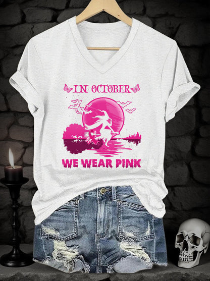 Women's Pink Art Print V-Neck Short-Sleeved T-Shirt