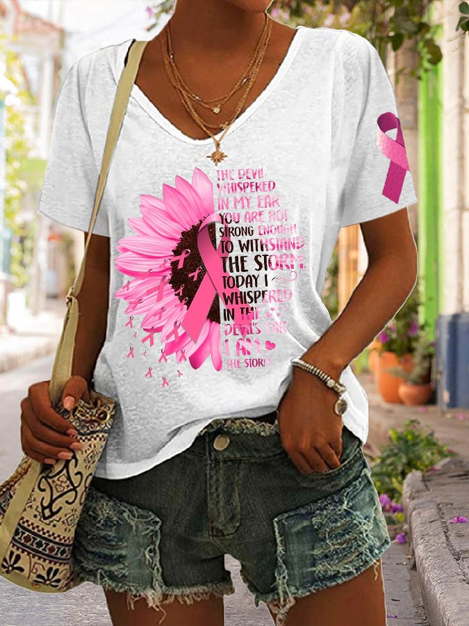 Breast Cancer Fighter Sunflower Inspirational Quote Print Short Sleeve T-Shirt