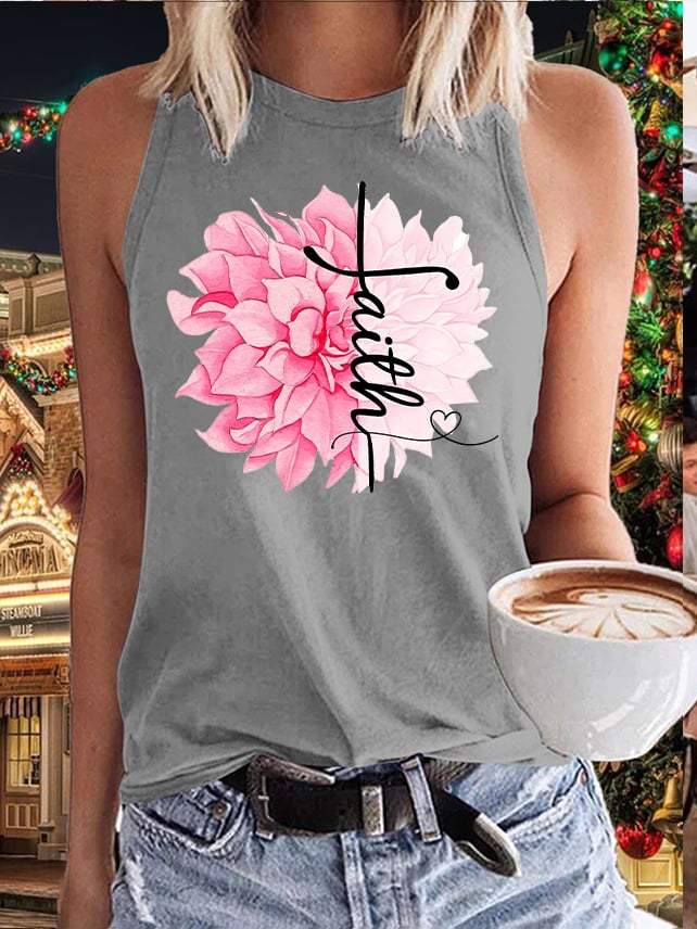 Women'S Floral Breast Cancer Awareness Print Sleeveless Tank Top