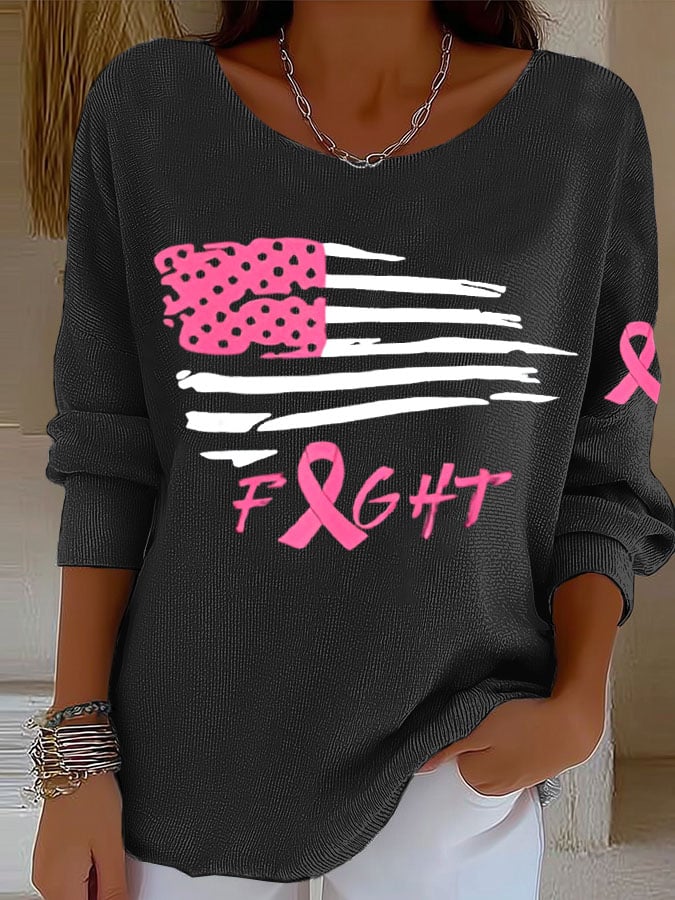 Women's Breast Cancer Ribbon American Flag Print Knitted Top