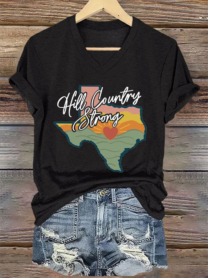 🙏💔Join us in praying for Texas.🙏V-Neck Retro Texas Strong Hill Country Strong Print T-Shirt