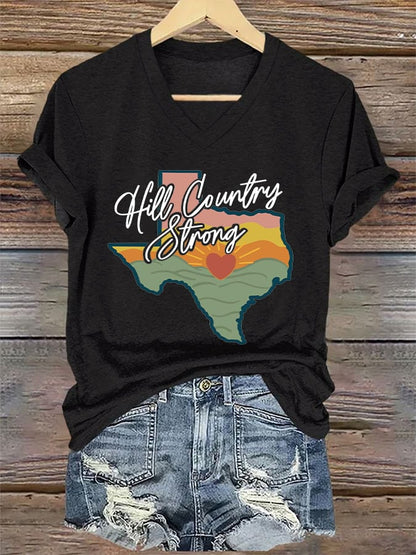 🙏💔Join us in praying for Texas.🙏V-Neck Retro Texas Strong Hill Country Strong Print T-Shirt