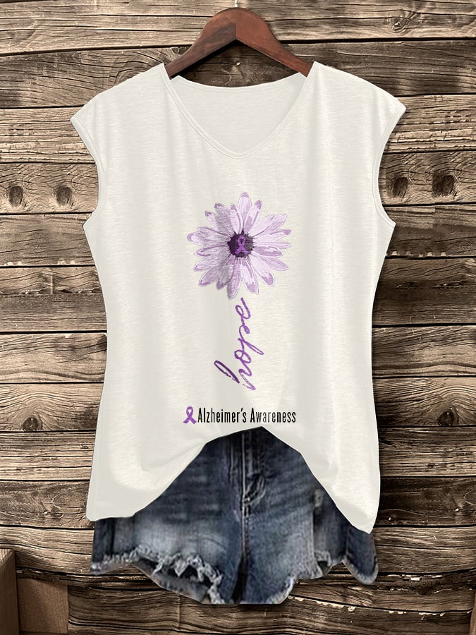 V-Neck Retro Alzheimer's Awareness Flower Hope Print Vest