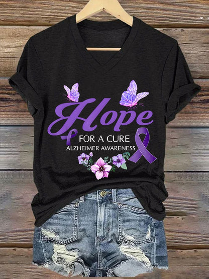 Women's Casual Alzheimer's Print V-Neck Short Sleeve T-Shirt