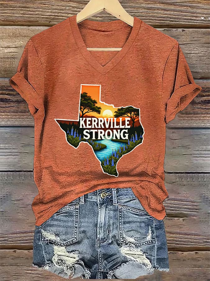 🙏💔Join us in praying for Texas.🙏V-Neck Retro Kerrville Strong Print T-Shirt