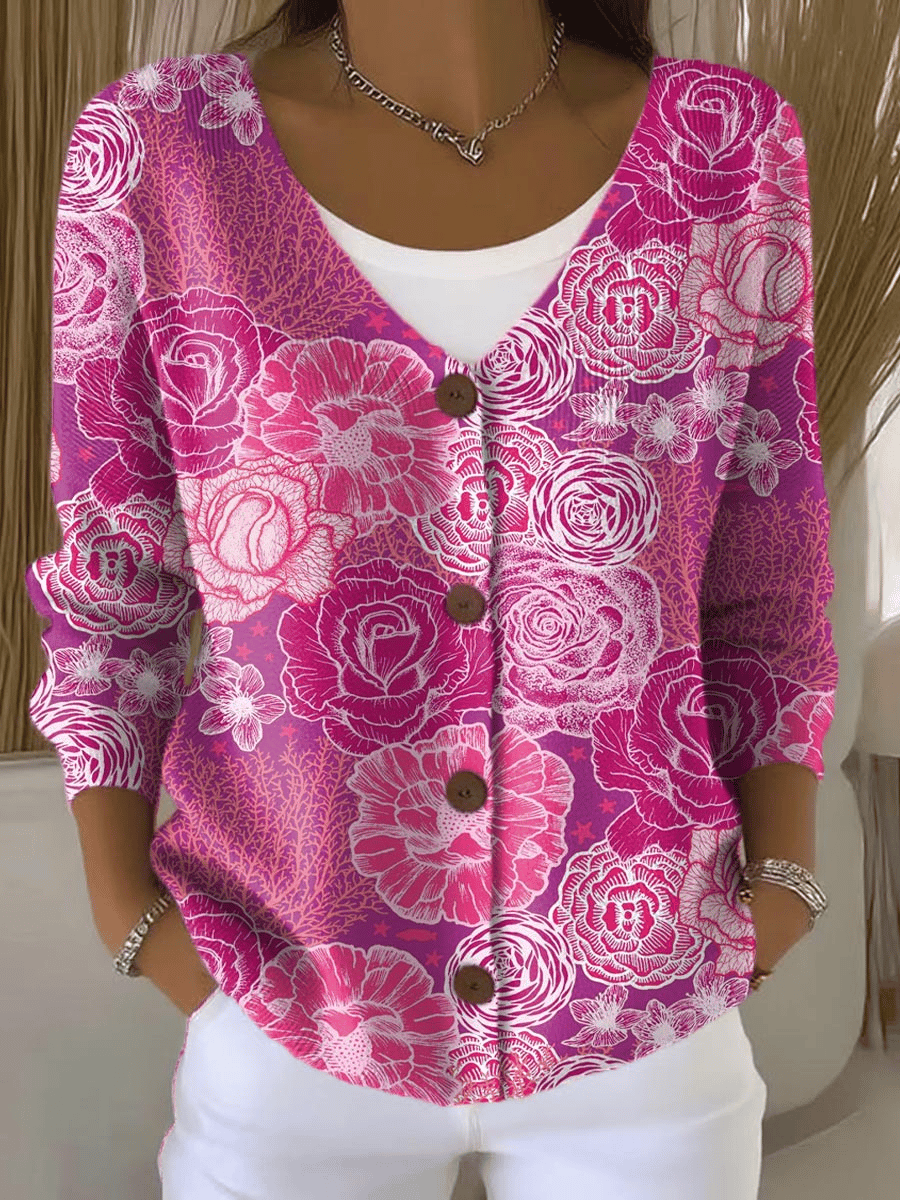 Women's Casual Pink Floral Print Cardigan