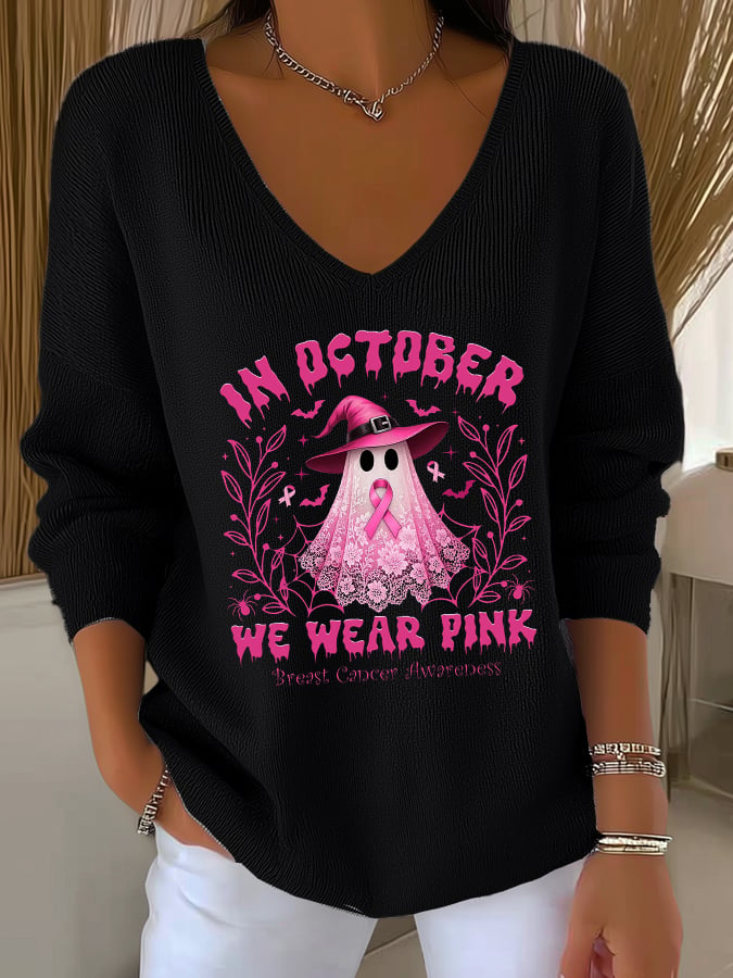 Women's Casual Breast Cancer We Wear October Pink Ghost Pit Stripe Long Sleeve Top