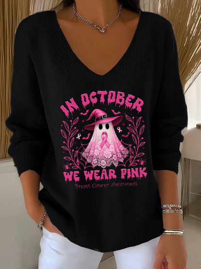 Women's Casual Breast Cancer We Wear October Pink Ghost Pit Stripe Long Sleeve Top