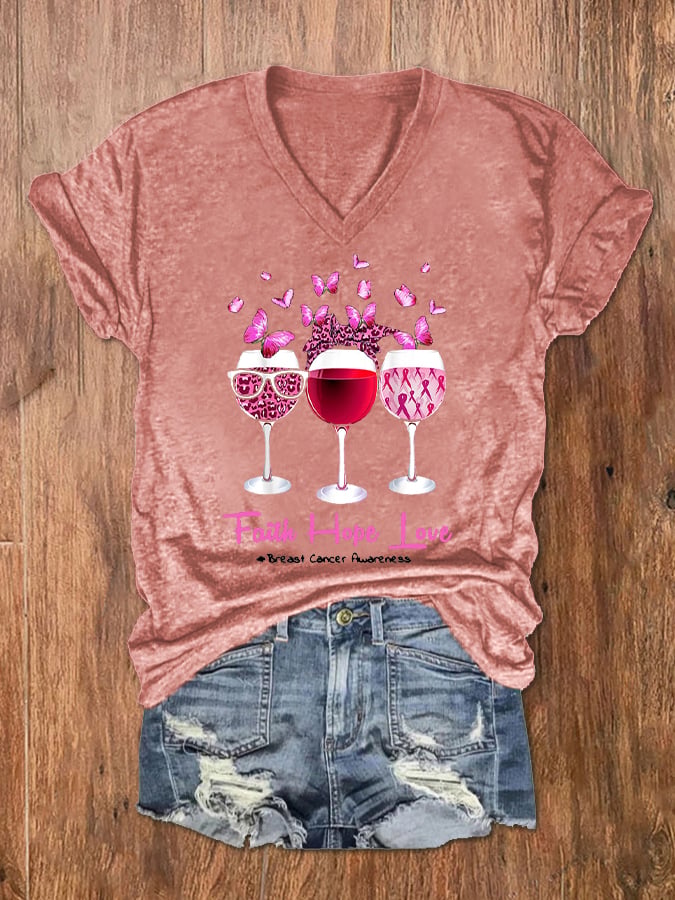 Women's Faith Hope Love Wine Glass Butterfly Breast Cancer Awareness T-Shirt