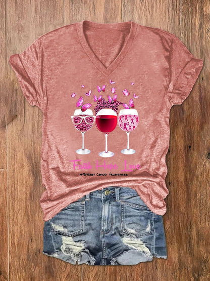 Women's Faith Hope Love Wine Glass Butterfly Breast Cancer Awareness T-Shirt