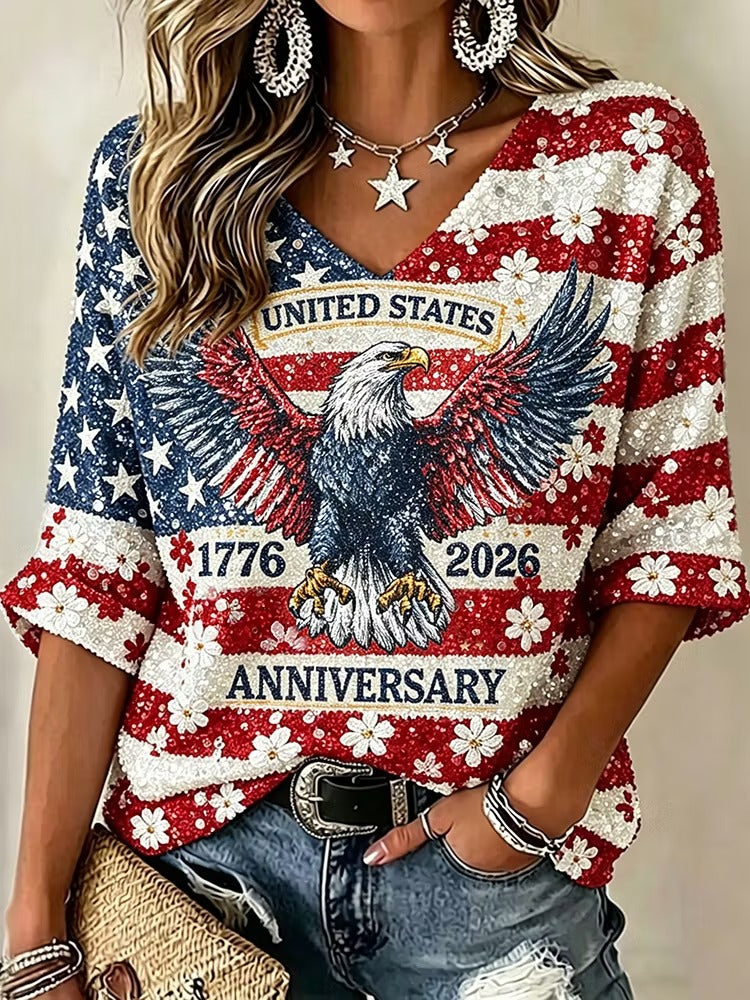 Vintage American Flag Eagle Sparkling Art V-neck T-shirt