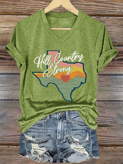 🙏💔Join us in praying for Texas.🙏V-Neck Retro Texas Strong Hill Country Strong Print T-Shirt